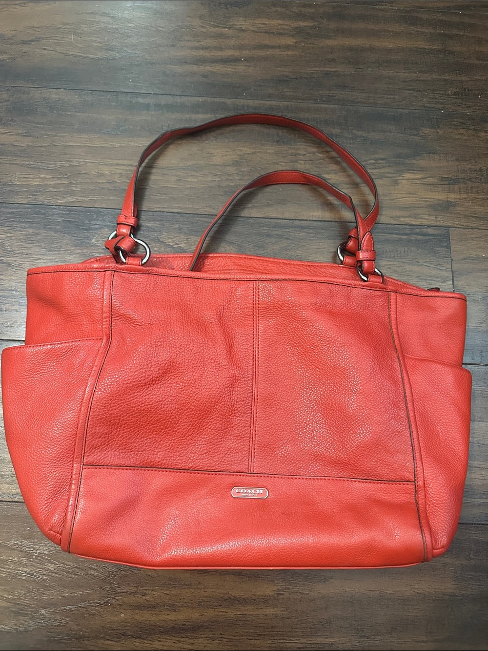 Coach Orange-Red Leather Tote with Dual Handles